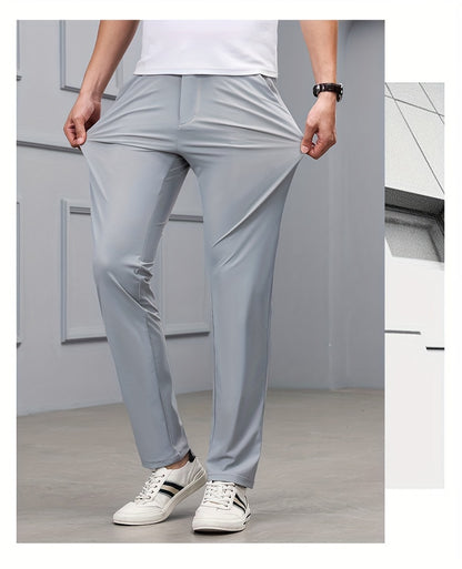 Men's Slim-Fit Stretch Casual Pants with Multiple Pockets - Waterproof, UV Protection, Light Gray, Straight Leg, Nylon Blend for Spring/Fall, Button Closure, Comfortable & Stylish Design, Everyday Comfort Pants | Modern Casua