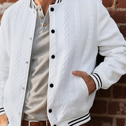 Men's Lightweight Bomber Jacket - White/Black Contrast & Dark Blue Piping, Machine-Washable Casual Coat with Button Closure, No- Design for Fall/Winter, Versatile Outerwear (Beige/Pink Shades Available) - Stylish & Breathable