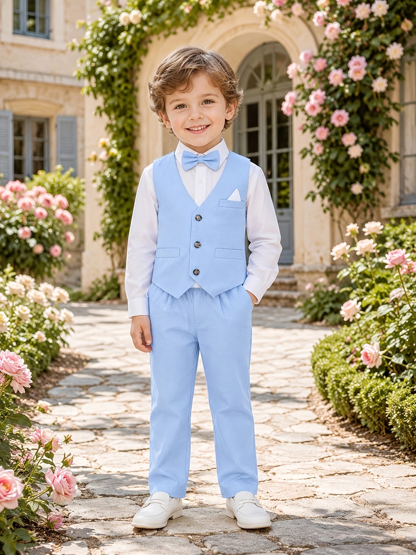 Boys' 4-Piece Preppy Suit Set with Vest and Bow Tie