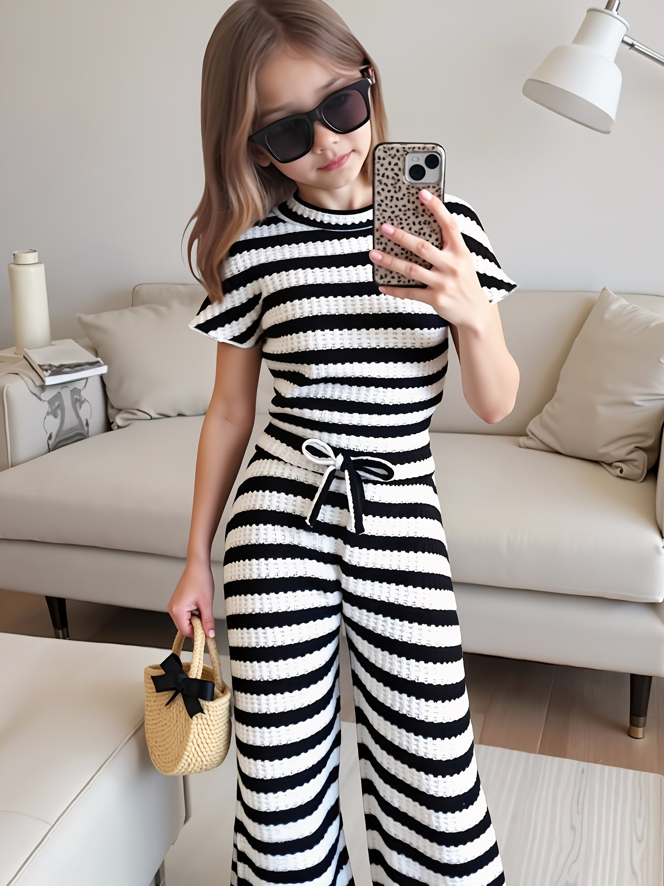 Girls' Striped Short-Sleeve Top & Long Pants Set - Elegant Casual