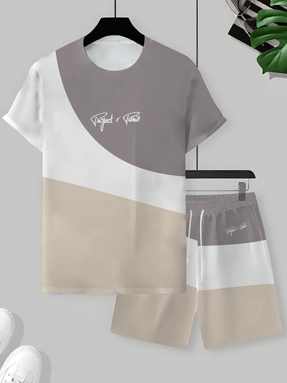 1 Set of 2pcs 3D Letter Print Fashion Tri-Color Men's Summer Fresh T-Shirt and Shorts Set, Slightly Stretchy Polyester Knit Fabric, Regular Fit, Suitable for Outdoor Activities and Family Gatherings