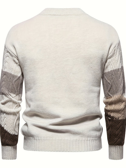 Men's Stylish Solid Knitted Pullover, Casual Mid Stretch Breathable Long Sleeve Crew Neck Top For City Walk Street Hanging Outdoor Activities