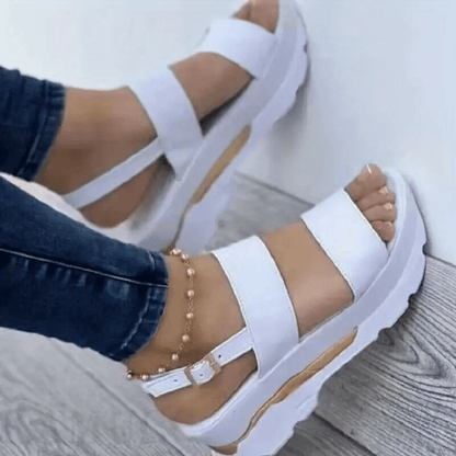 Mhysa Women's Comfortable Open-Toe Platform Sandals with Thick Sole & Golden Buckle Strap - Summer Casual White PU Cover Ankle Strap Sandals for Casual Attire, Ladies Sandals
