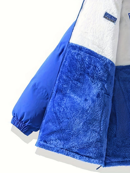 Տղամարդու երկկողմանի բրդյա ծածկույթով հաստ բաճկոն՝ առօրյա կանգնած օձիքով՝ տառերի տպագրությամբ, սովորական չափսերով, գրպաններով, պոլիեսթերային լցոնով, բազմակողմանի աշուն/ձմեռ համար, ձմեռային բաճկոն