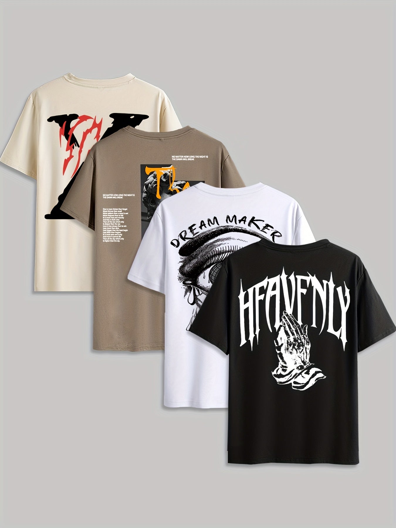 4pcs Men's Graphic Tees - "Heavenly"  More Designs, Casual Crew Neck Short Sleeve T-Shirts in Beige, Black, White - Lightweight Polyester for Summer Outdoor Wear