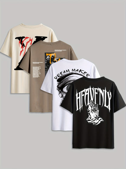 4pcs Men's Graphic Tees - "Heavenly"  More Designs, Casual Crew Neck Short Sleeve T-Shirts in Beige, Black, White - Lightweight Polyester for Summer Outdoor Wear