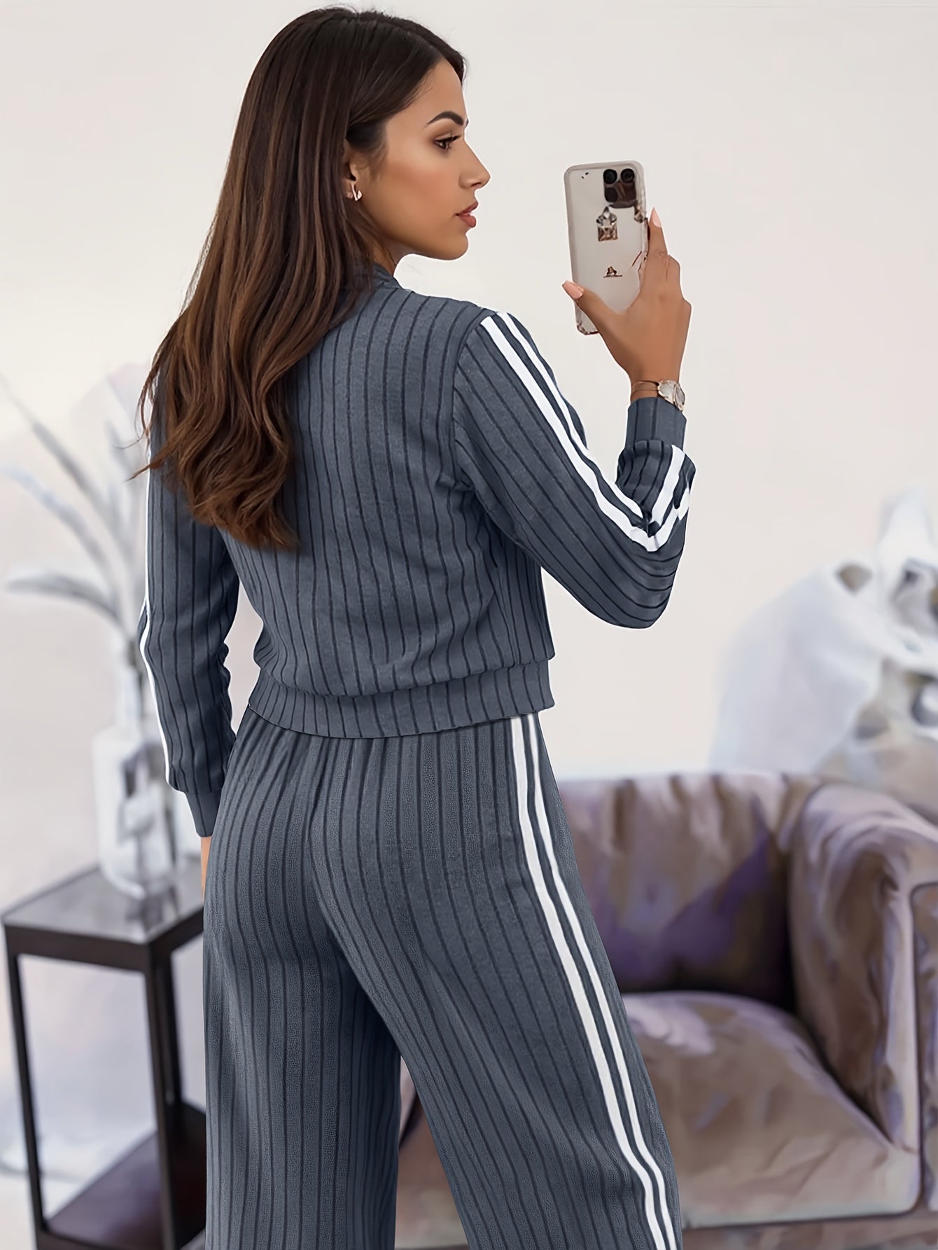 Women'S Stylish Casual Zip-Up Round Neck Ribbed Cardigan with Loose Straight Pants, a Two-Piece Casual Outfit - ayq