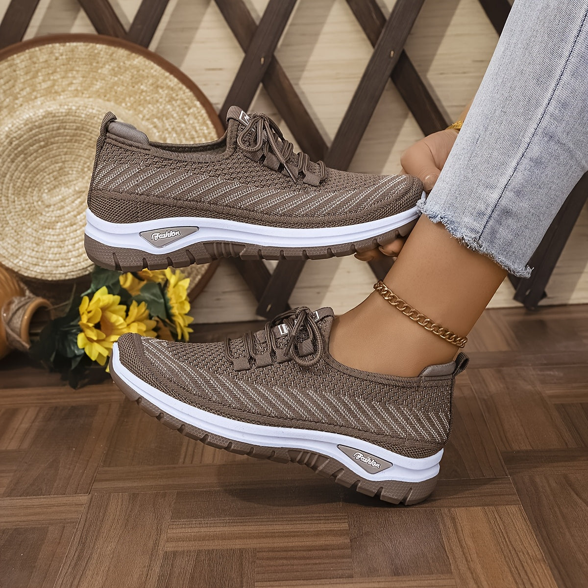 Women'S Knit Casual Sneakers - Stylish Striped Weave Pattern, Breathable Non-Slip Comfort Shoes with Rubber Sole for Outdoor Wear