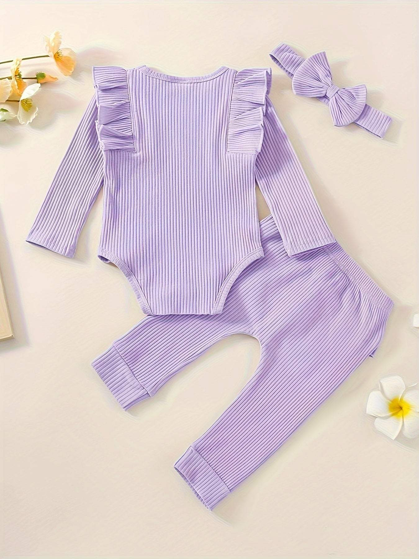 3pcs Baby Girl Outfit Set, Cute Ribbed Ruffle Long Sleeve Romper & Pants, 95% Cotton 5% Spandex, Crew Neck Pullovers, Solid Color, Regular Fit, No Belt, Fall/Winter Knit Fabric, 0-18 Months, for Outdoor