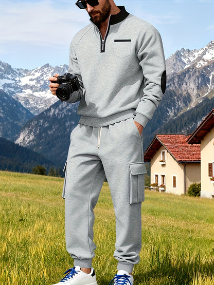 Men's New Product: Men's Casual Sportswear Set for Outdoor Workwear and Daily Commuting, Fashionable Hoodless Sweatshirt with Lining and Extra Thickness, Suitable for Outdoor Walks