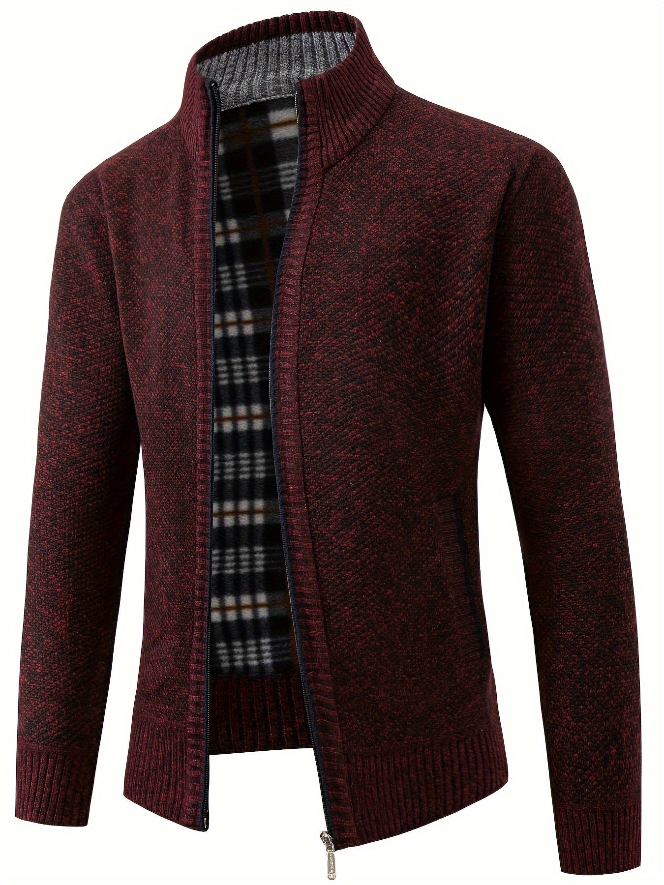 Men's Solid Fleece Knitted Cardigan With Pockets, Casual Long Sleeve Turtle Neck Zip Up Warm Sweater For Winter Fall Outdoor Activities