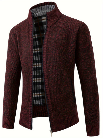 Men's Solid Fleece Knitted Cardigan With Pockets, Casual Long Sleeve Turtle Neck Zip Up Warm Sweater For Winter Fall Outdoor Activities