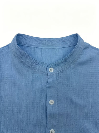 Men's Casual Solid Color Short-Sleeve Shirt with Stand Collar