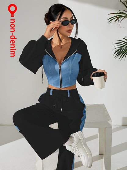 Women's Elegant Hooded Two-Piece Suit with Color Block Pants