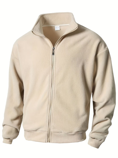 1pc Men'S Casual Sports Fleece Jacket - Solid Color Polyester Knit with Slight Stretch, Stand Collar, Long Sleeve, Regular Fit, Zipper Closure, Daily & Casual Wear