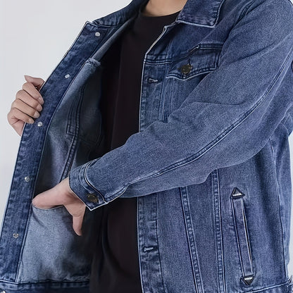 Men's Spring/Autumn Denim Jacket - Casual Chic Style, Black Blend with Red Accents, Button-Up with Flap Pockets, Long Sleeves, Ideal for Hiking & Casual Attire, Outdoor Apparel|Classic Denim Style|Durable Fabric