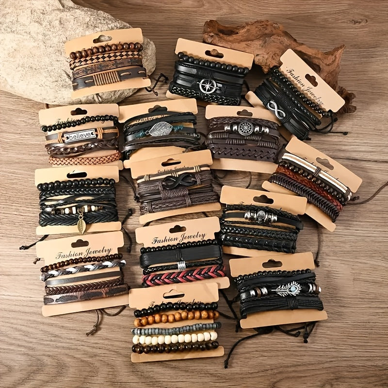 4/18/36 հատ վինտաժային նորաձևության արհեստական ​​կաշվե ապարանջան՝ արևմտյան փանկ ոճի ուլունքավոր ապարանջանով, ձեռագործ, ինքնուրույն պատրաստված պատահական ոճերով