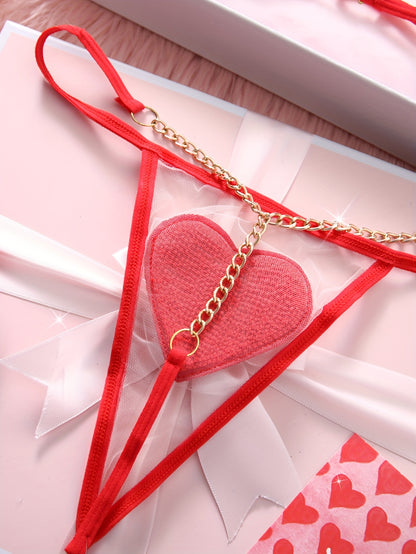 2pcs Christmas Red Love Sexy Underwear Set, Sheer Mesh Bra & Golden Chain Thong, Women'S Sexy Lingerie & Underwear