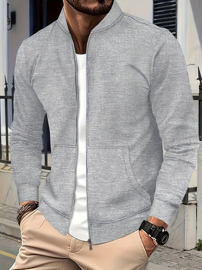 Men's Lightweight Jacket with Stand-Up Collar - Zippered Front Closure, Regular Fit Casual Coat for Everyday & Formal Wear - Spring/Fall Outerwear in White/Neutral Tones - Easy Care Zipper Jacket