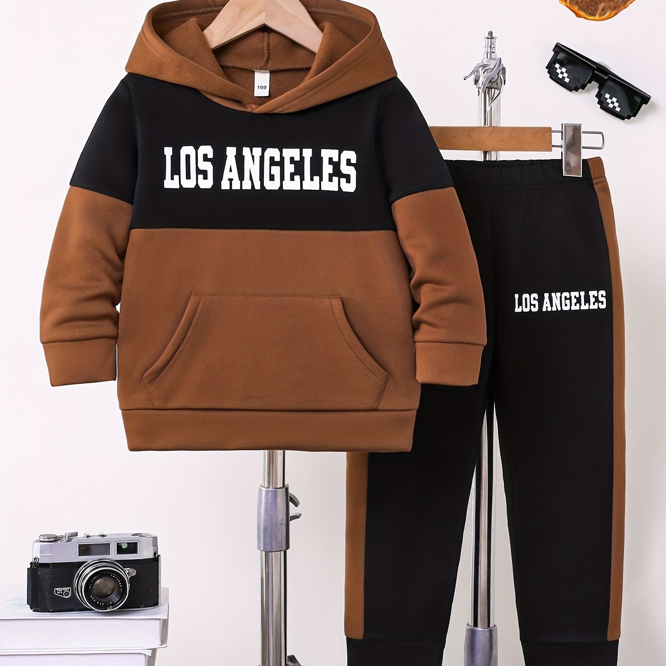 2pcs Boys' Autumn/Winter Fleece-Lined Hooded Sweatshirt and Pants Set, Simple Letter Print Fashion Classic Outfit for Outdoor Sports and Casual Wear, 100% Polyester Knit Stretch Fabric, Ideal Gift Choice for Kids, Perfect for