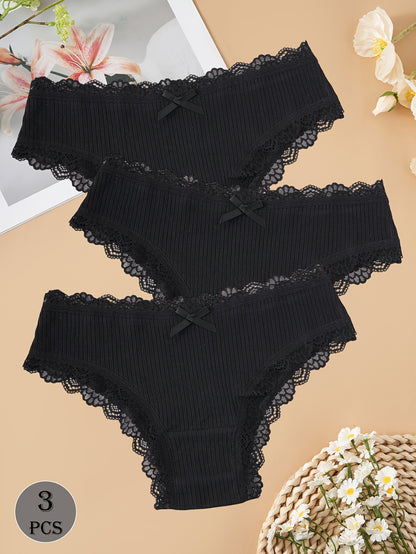 3-Pack Dark Cotton Women's Briefs with Lace Trim and Bow