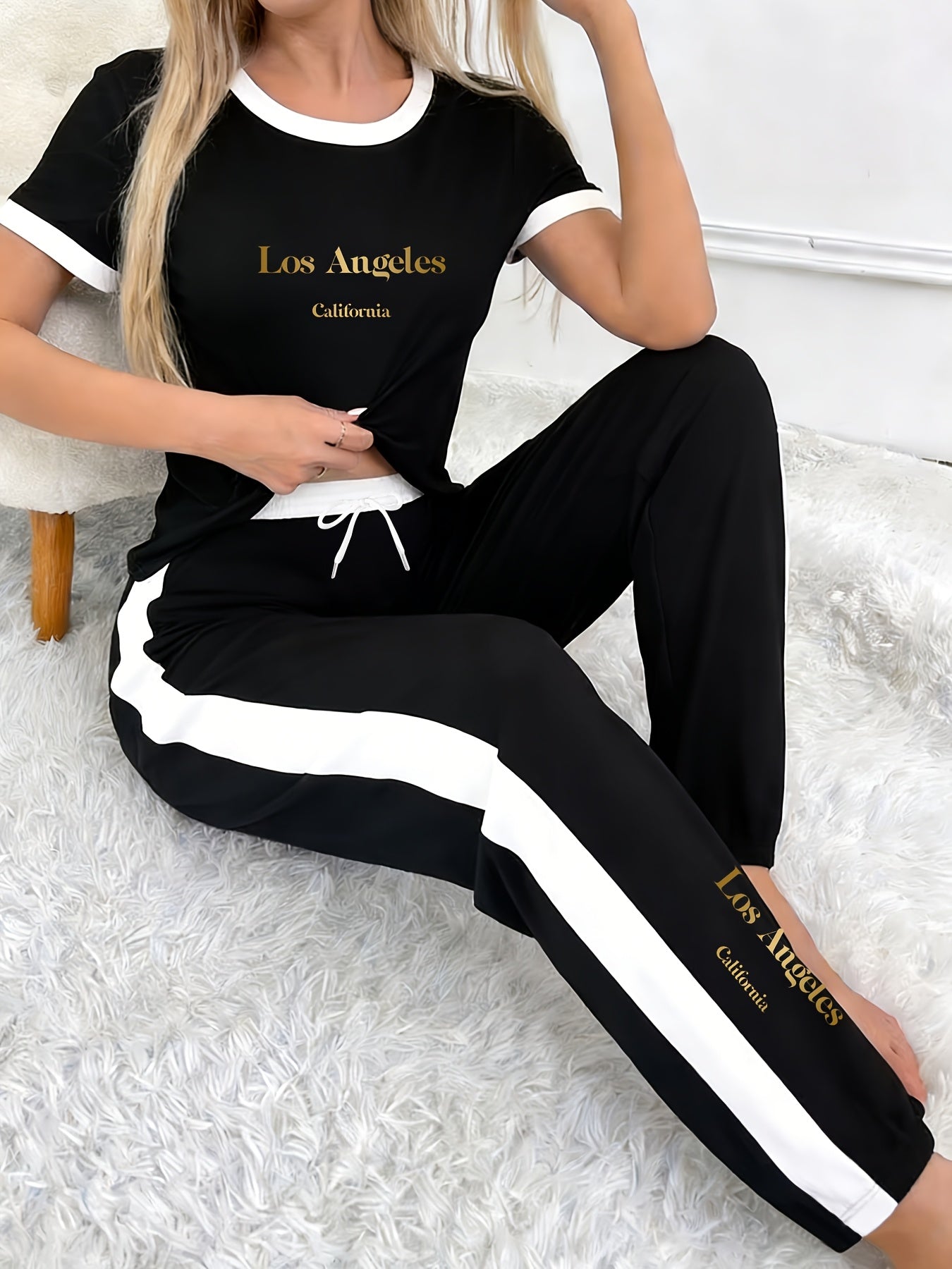 Women's Casual 2pc Polyester Set with Color Block Design