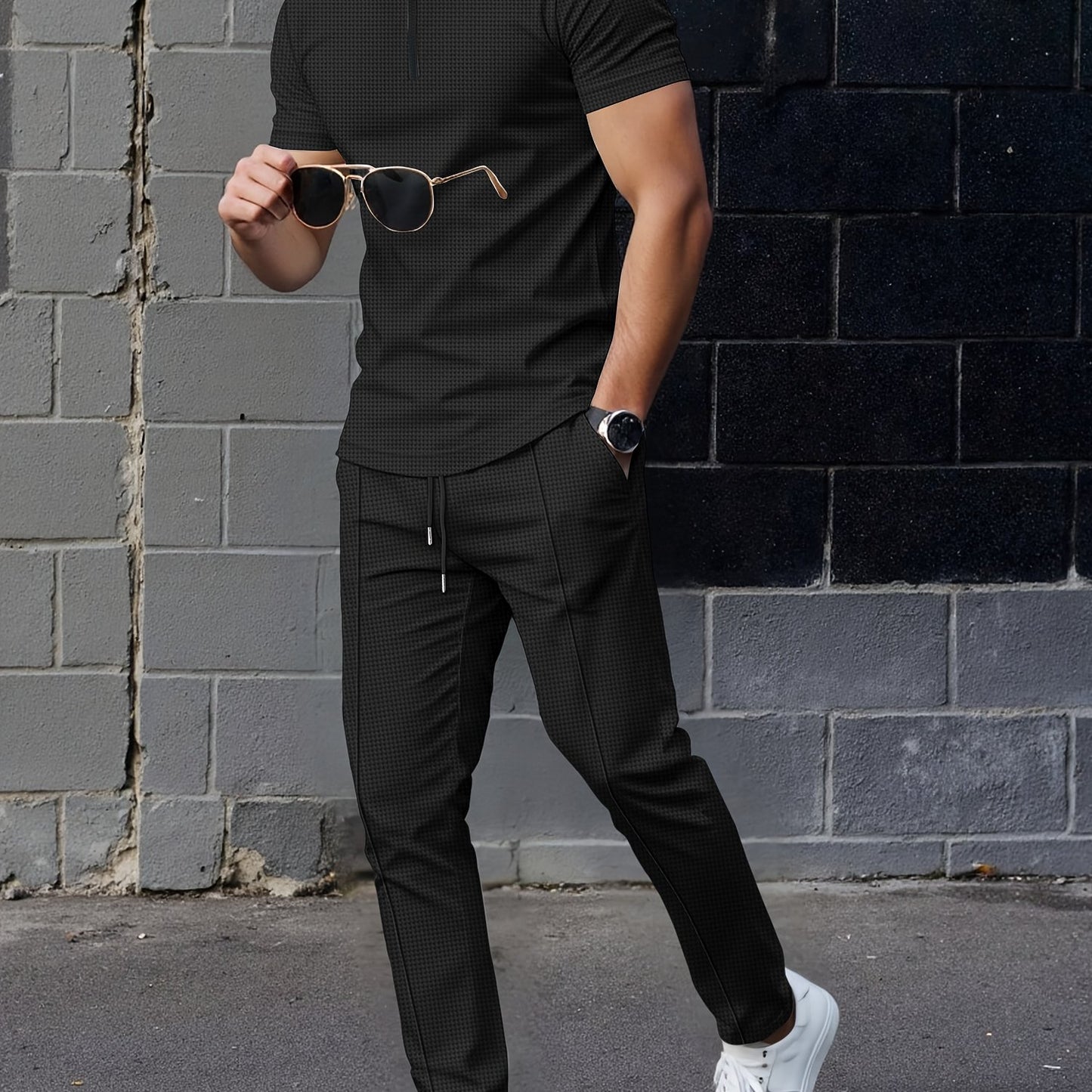 Men's Waffle Knit Zipper Shirt, Rib Collar Short Sleeve T-Shirt, Casual Breathable Summer Top - ayq