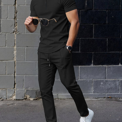 Men's Waffle Knit Zipper Shirt, Rib Collar Short Sleeve T-Shirt, Casual Breathable Summer Top - ayq