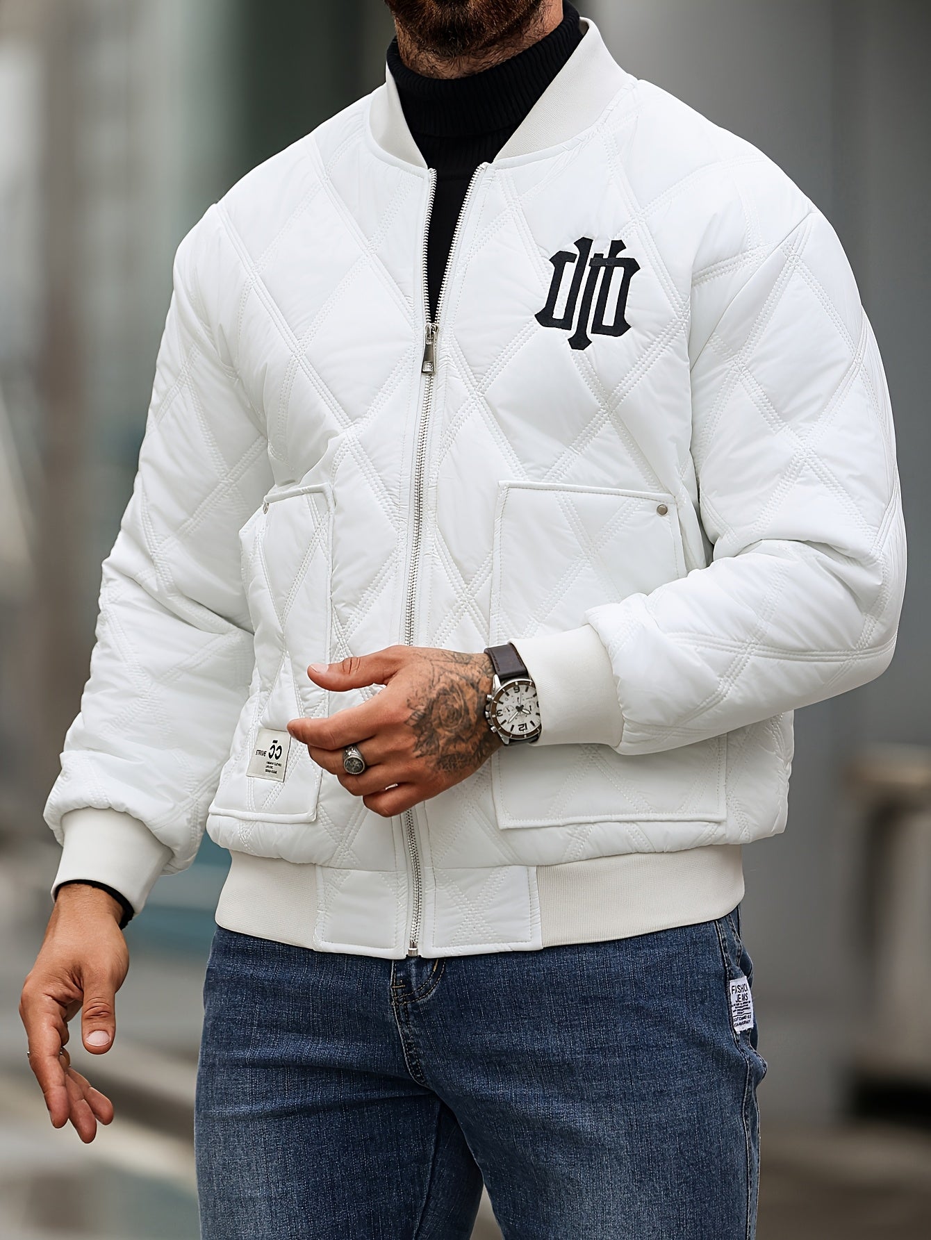 Men's Heavy-Duty Winter Jacket with Thick & Windproof, White Coat with Black Logo & Lettering, Large Zippered Pocket, Machine Washable - Casual Outerwear for Skiing, Travel, Streetwear (Regular Fit), Winter Jacket For Men, Me