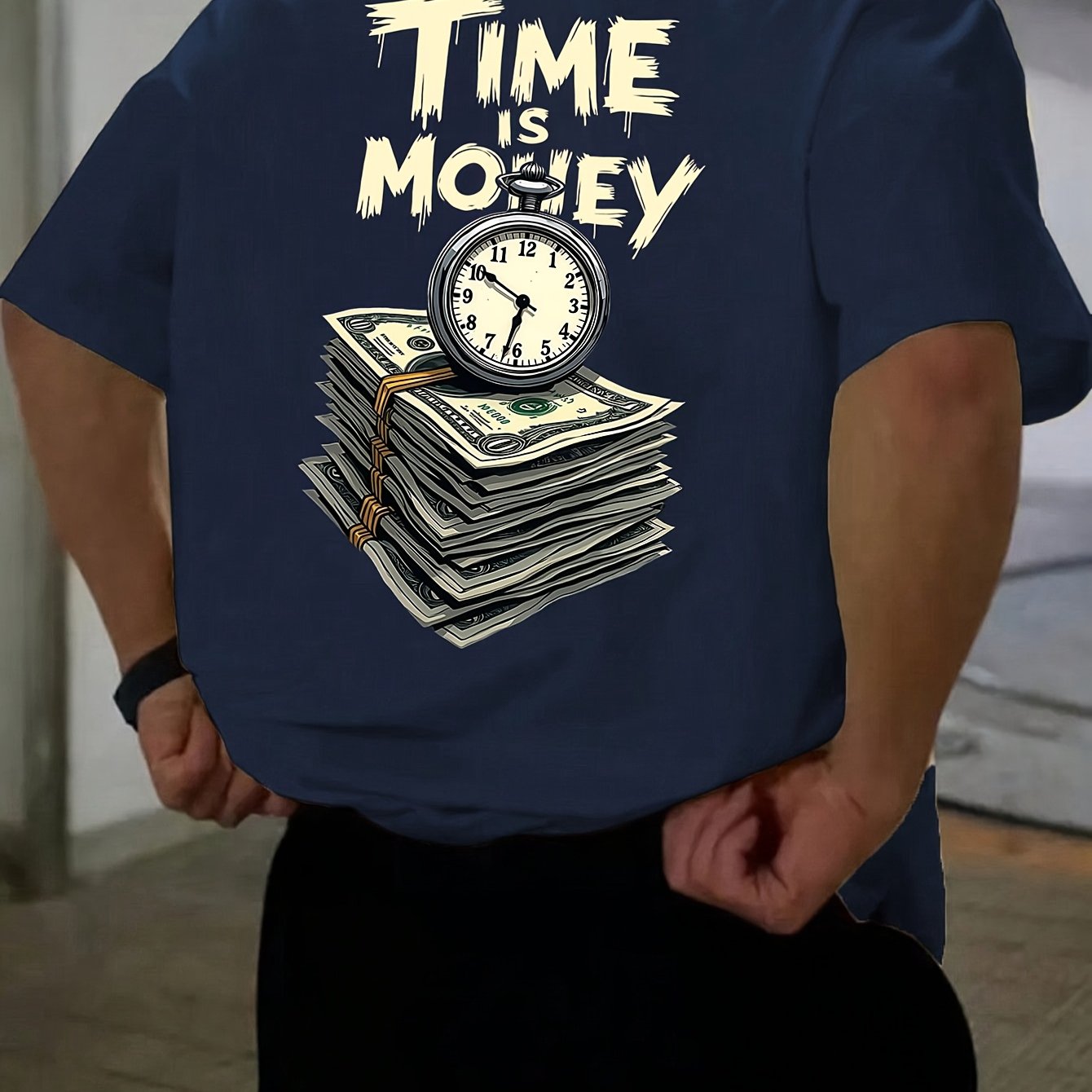 Men'S Casual Short Sleeve T-Shirt with "Time is Money" Clock  Stack of Cash Graphic - Lightweight Polyester, Loose Fit, Round Neck, Perfect for Spring  Summer Outdoor Wear, Relaxed Fit Shirt   Bold Graphic Tee   Glossy Text
