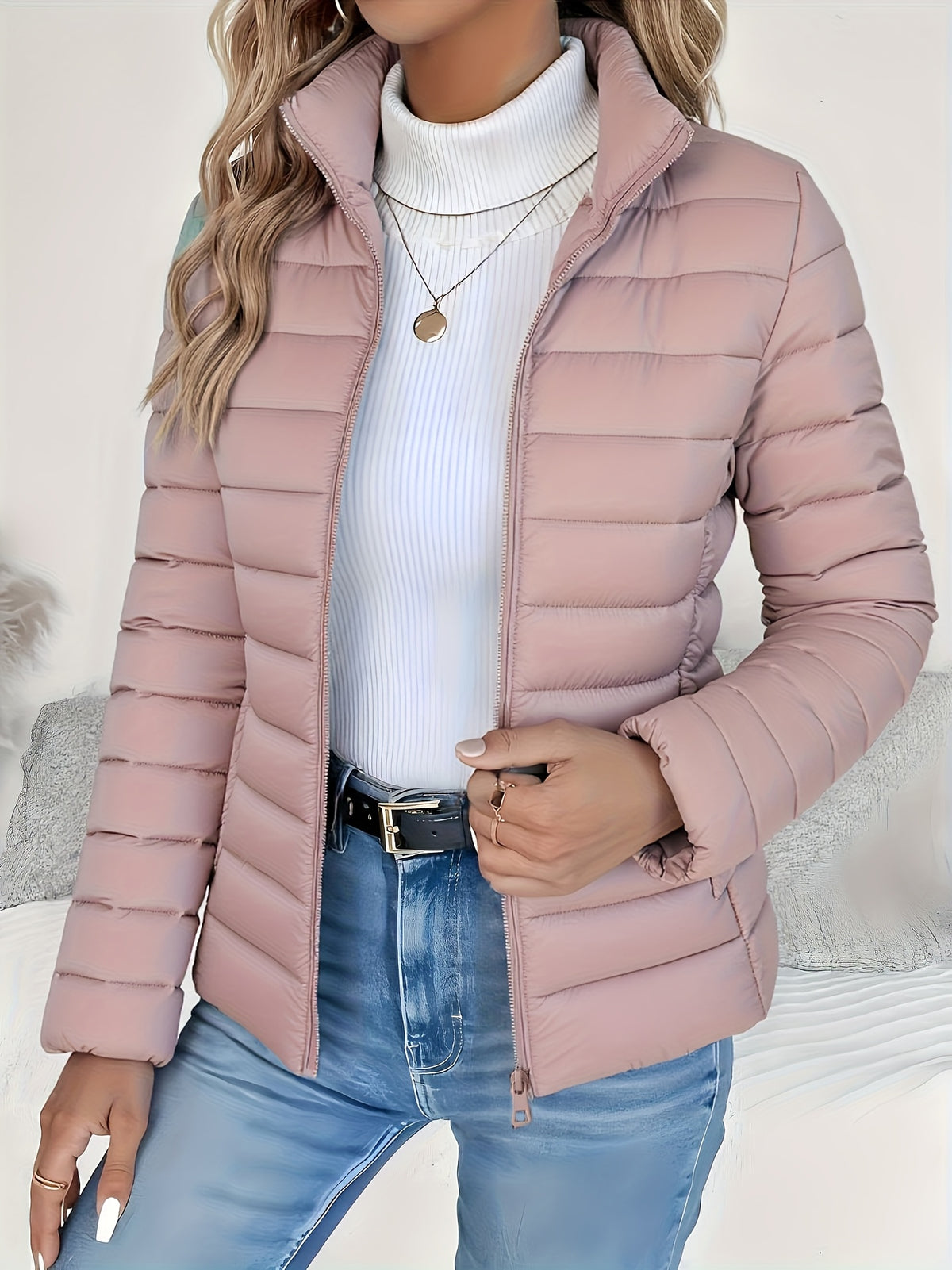 Women's Slim-Fit Quilted Polyester Jacket with High Neck