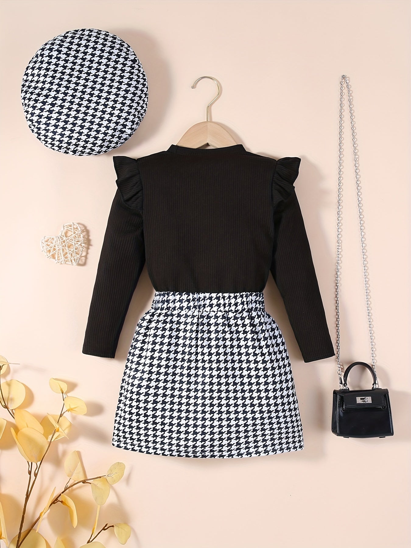 Youngsters Girls Ruffle Tee &amp; Houndstooth պրինտ կիսաշրջազգեստ և գլխարկ