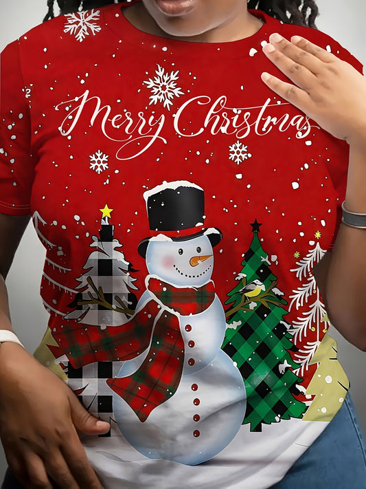 Plus Size, Women'S Plus Size Red Christmas T-Shirt with Snowman & Plaid Tree Design - Cozy Crew Neck Long Sleeve Pullover, Merry Christmas Lettering, Machine Washable Casual Winter Fall Top For Holiday Parties & Casual Attire