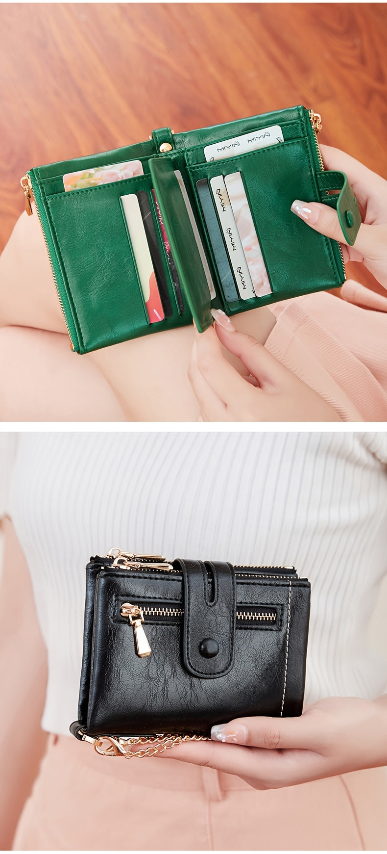 MIYIN Women'S & Men'S Red Bifold Wallet with Anti-Theft Chain Lock, Golden-Tone Hardware & Removable ID Window - Multi-Compartment Organizer with Card Slots