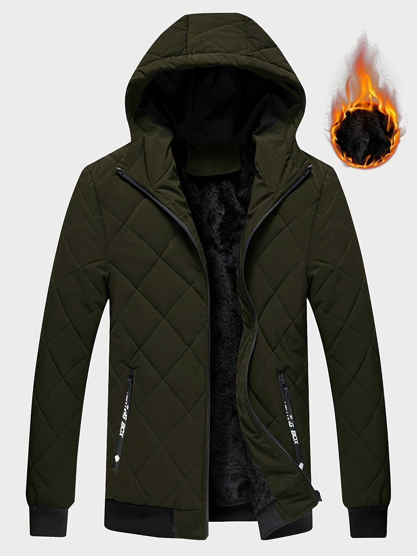Men's Casual Fleece-Lined Hoodie Jacket - Warm, Windproof Zip-Up Coat with Quilted Design for Fall/Winter, Winter Coat