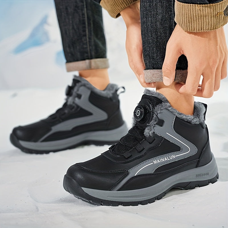 MAINALUN Men's Heavy-Duty Winter Snow Boots with Rotating Buckle Closure, PU Upper & PVC Sole - Thick Plush Lining, Warm Short Ankle Boots for Ice, Snow, Slush, Work, Outdoor (Adjustable Strap, Fit)