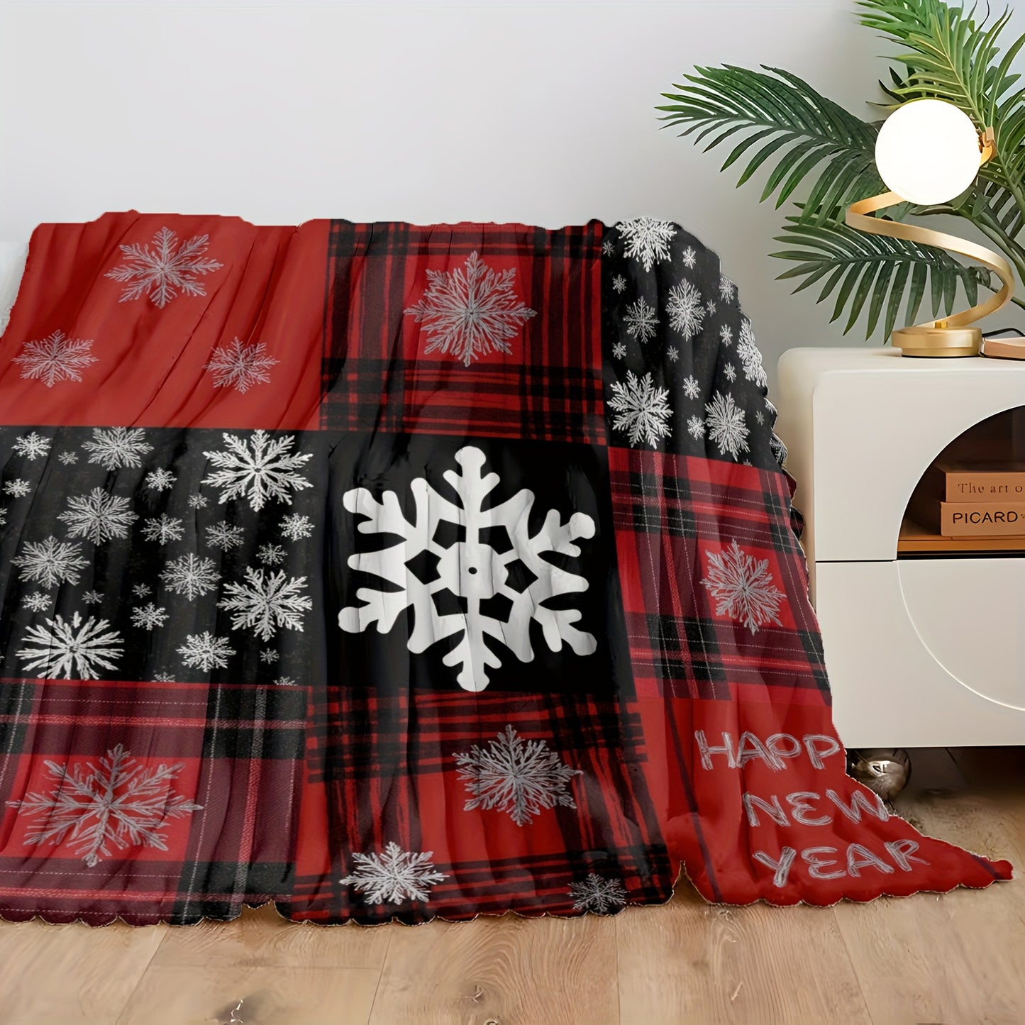 1pc Sdoo New Year Snowflake Red & Black Plaid 2D Printed Milk Fleece Blanket - Soft Warm All-Season Throw for Bed, Sofa, Office, Travel, Hiking, Fishing - Machine Washable, Versatile Gift for Home & Outdoor Use, Cozy Home Acc
