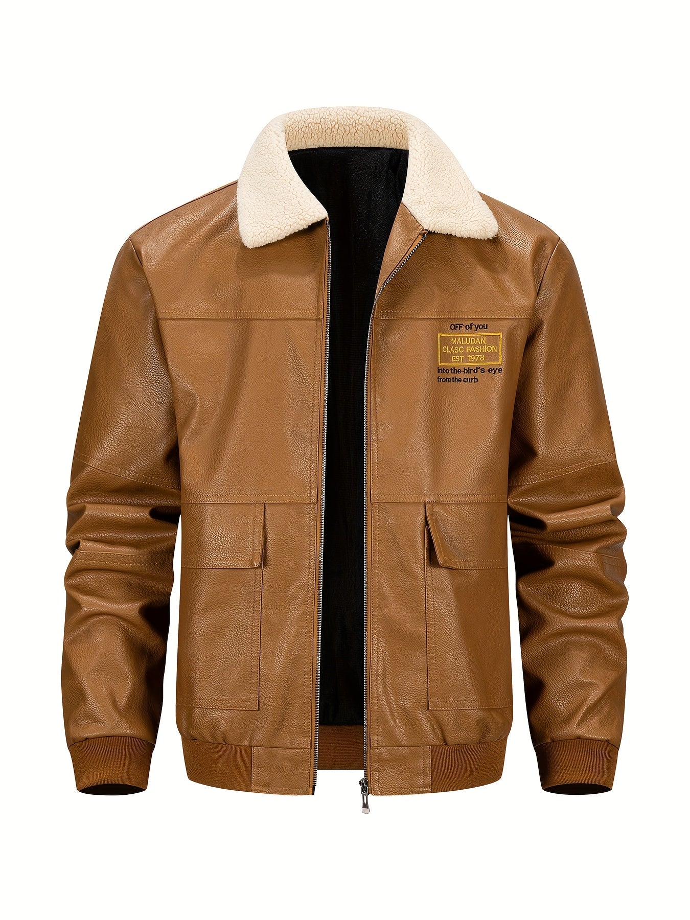 Men'S Faux Leather Bomber Jacket with Fleece Lining - Casual Motorcycle Style, Zip-Up, Long Sleeve, Drop Shoulder, Polyester Lining, Regular Fit, Outdoor & Hiking Wear, Outdoor Jacket | Bomber Jacket | Polyester Lined Jacket