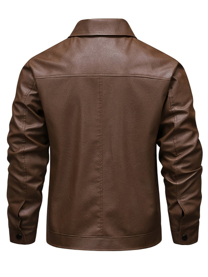 Men's Casual Lapel Zip-Up Jacket Lightweight PU Outerwear