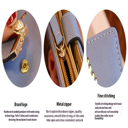 Perfect Christmas Gift for Her: Elegant Women's Long Wallet with Hollow Leaf Pattern & Gold Metal Pendant, Detachable ID Window, Zipper Coin Purse, Multiple Card Slots - Stylish PU  Clutch in Khaki, Blue, Black, Brown, Pink