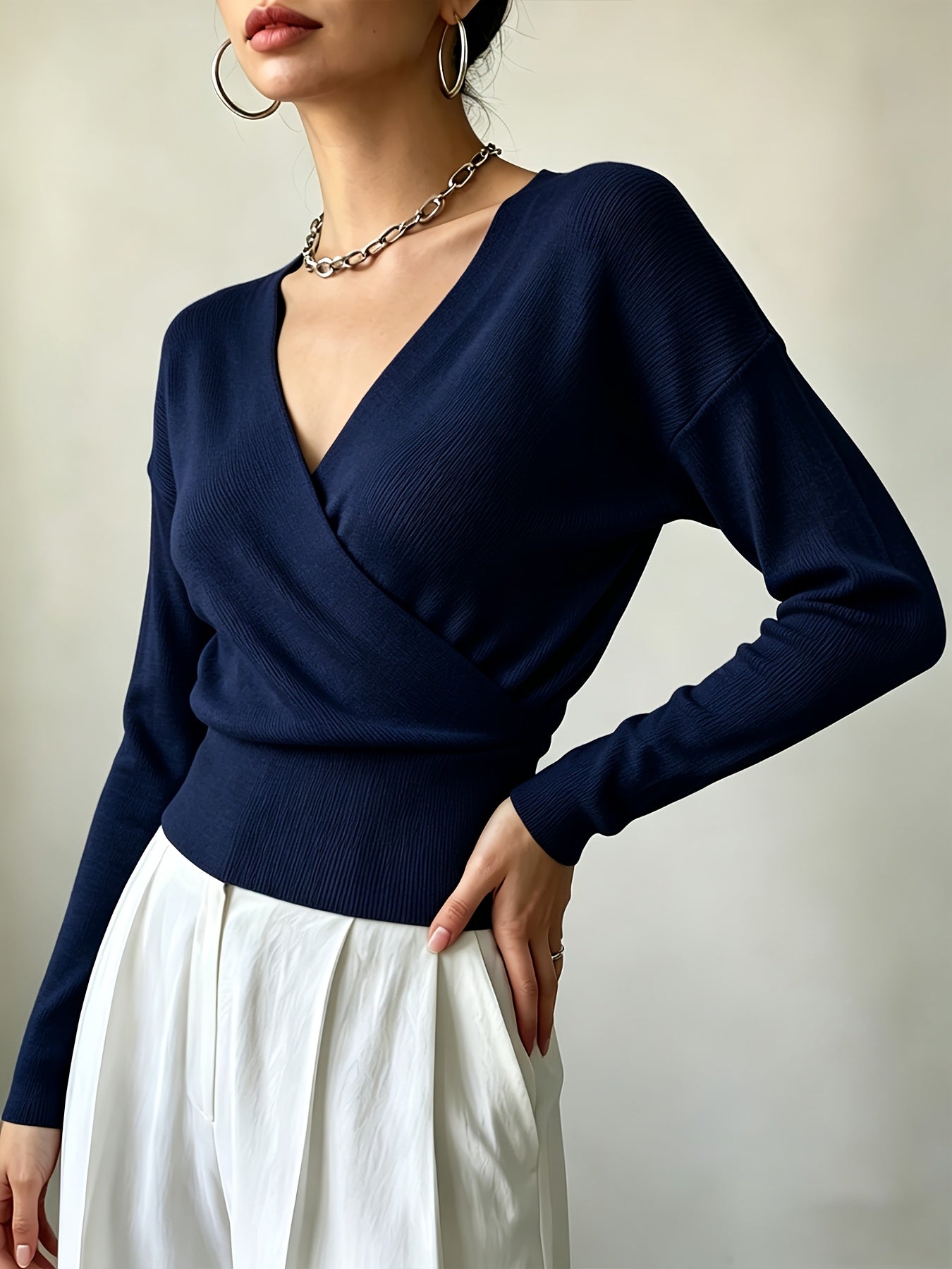 Women's Elegant Cross-Collar V-Neck Pullover Knitwear for Fall/Winter