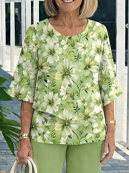 Women's Elegant Floral Pantsuit Set Short Sleeve for Spring