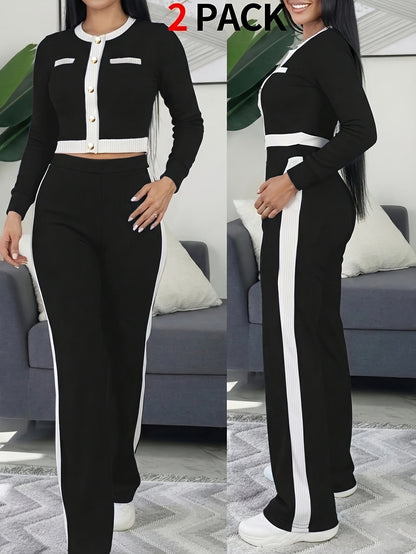 Women's Autumn/Winter Elegant Striped Patchwork 2-Piece Set