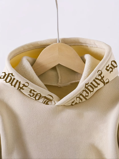 2pcs Boys' Casual Polyester Tracksuit Set, Los Angeles Alphabet Print, Medium Stretch Knit Fabric, Regular Fit, with Fleece-Lined Long Sleeve Hoodie and Joggers, for Daily & Outdoor Wear, Fall/Winter Warmth, for Outdoor