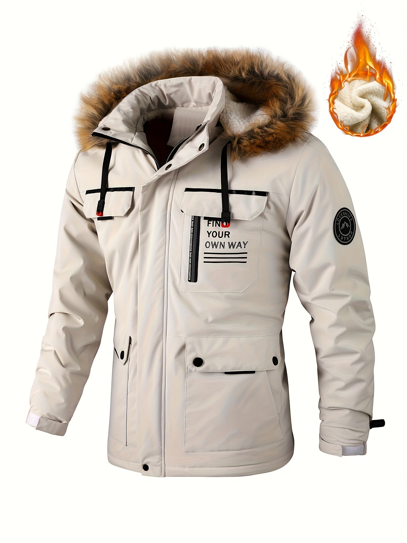 Men'S Heavy-Duty Winter Jacket with Fur-like Hood Collar - Thermal Insulated Cold Weather Coat, Full-Zip Front, Zippered Pockets - Beige/ for Everyday & Formal Outfits - Non-Stretch Outer Shell, Outdoor Outerwear, Casual Styl