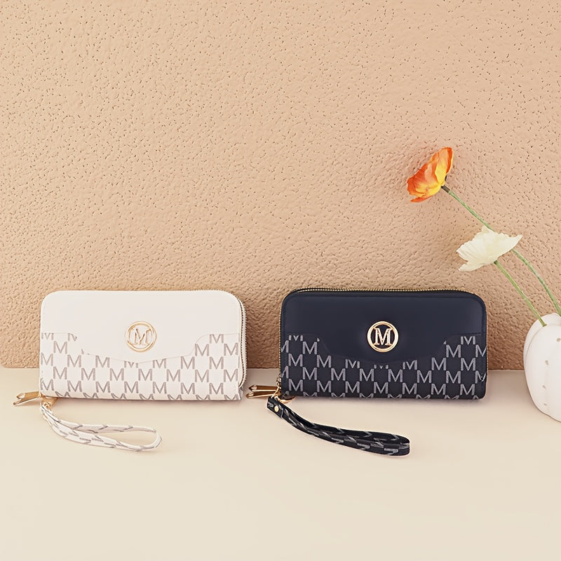 Women'S Elegant Patchwork Wallet & Wristlet Clutch - Large Capacity Double-Zip Coin Purse with Golden-Tone M-Logo, Golden-Tone Hardware & Wrist Strap