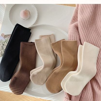 5 Pairs Women'S Knee-Length Thermal Fleece-Lined Socks, Solid Color, Polyester Knit Fabric, 100% Polyester, with Hand Washable