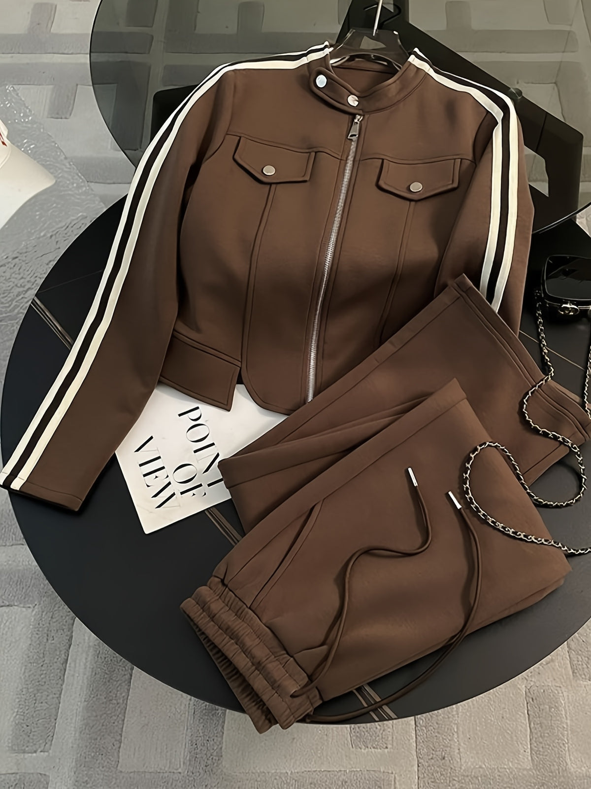 Women’s Casual Spring/Fall Two-Piece Polyester Suit with Zipper Jacket - ayq