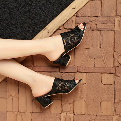 Women'S Black Sequin Peep-Toe Block Heel Shoes - Summer Casual Mary Jane with Ankle Strap, 5cm Mid-Heel, Open-Toe Design for Casual Attire, High Heel, Evening Wear, Fabric Upper, Rubber Sole