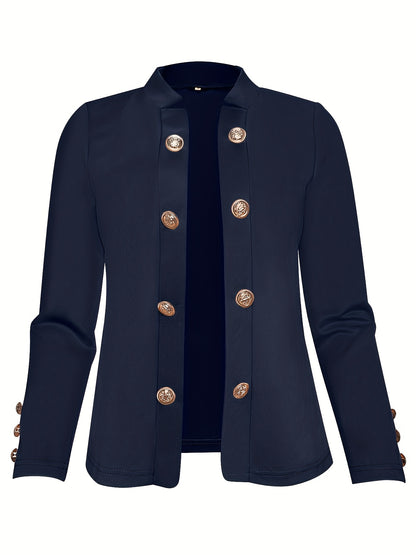 Plus Size, Women's Navy Blue Double-Breasted Blazer - Elegant Long Jacket with Button Front Closure, Machine Washable Office & Party Coat for Women, Formal Everyday Chic Outerwear, Spring Fashion, Classic Silhouette, Structur